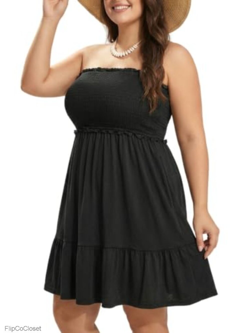 Plus Size Strapless Smocked Tube Cover Up Dress with Ruffle Hem and Side